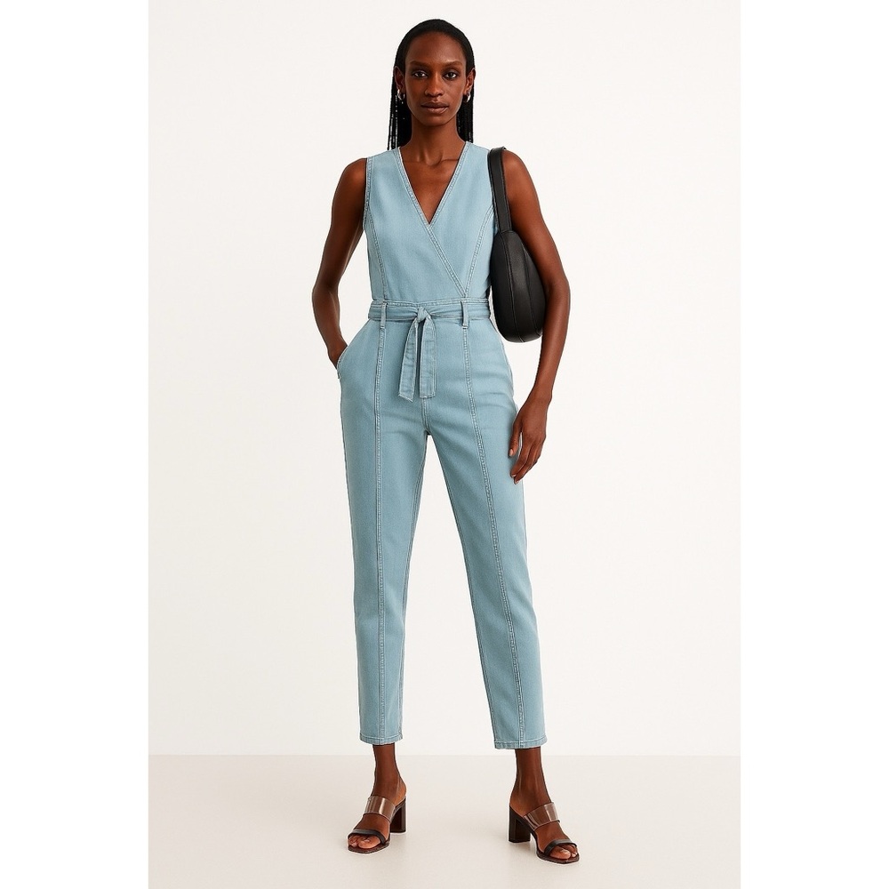NWT GUESS JUMPSUIT JAYDEN BELTED DENIM STRETCH BLUE SIZE L / LARGE TALL